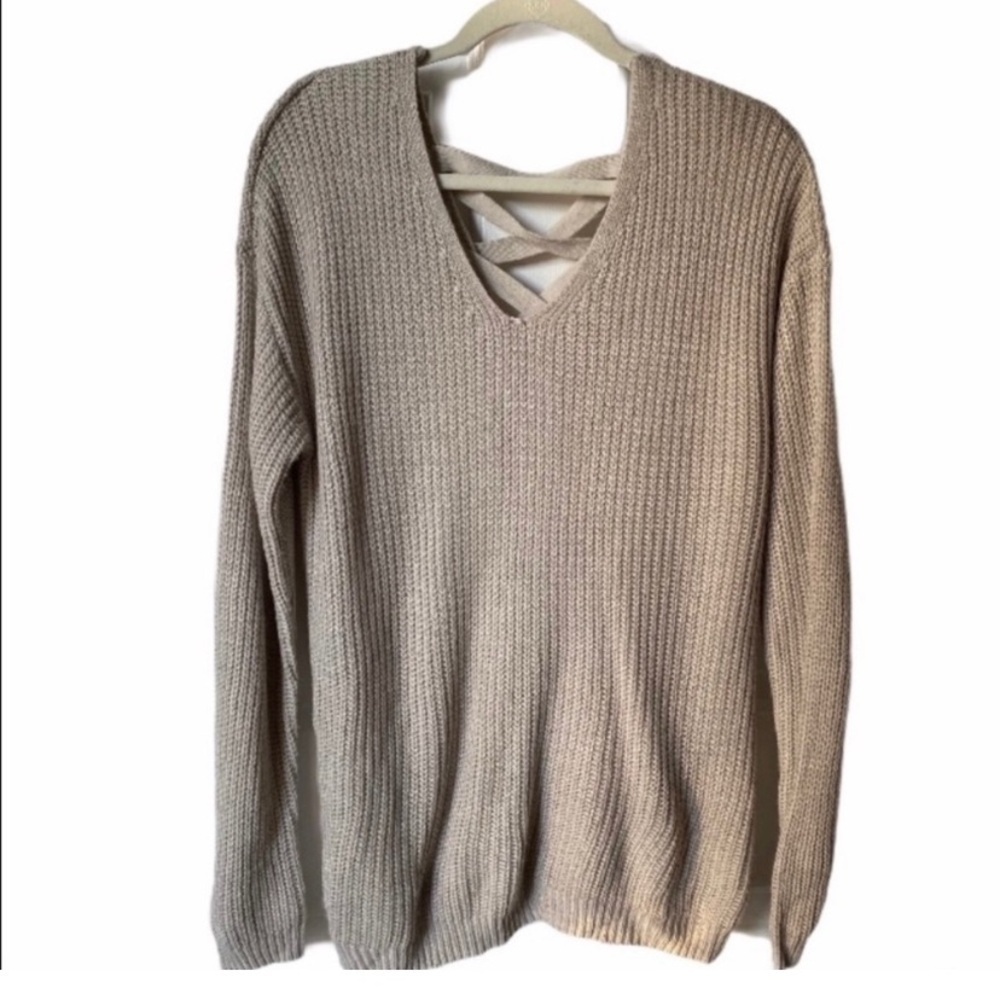 SO Braided Back Sweater V Neck Beige Knit Long Sleeves Size L